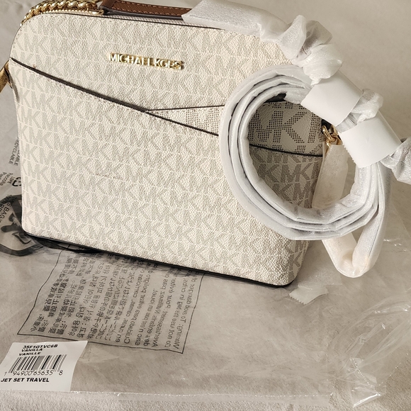 Michael Kors Handbags - Michael Kors Jet Set Logo Crossbody Bag in Vanilla/Acorn